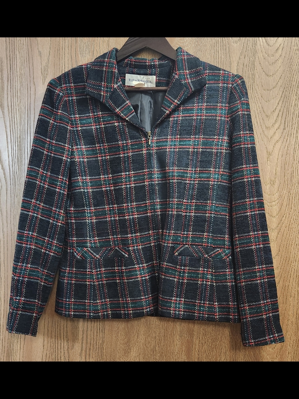 Norton McNaughton Black Plaid Zip-Front Jacket with Red & Green Accents